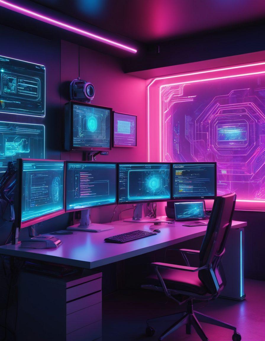 A futuristic, high-tech workspace with multiple sleek monitors displaying complex code, a robotic assistant (Ruboys) interacting with holographic elements, and a web developer engrossed in creating stunning digital solutions. Incorporate vibrant, glowing neon hues, and a clean, modern aesthetic. cyberpunk. vibrant colors. super-realistic.