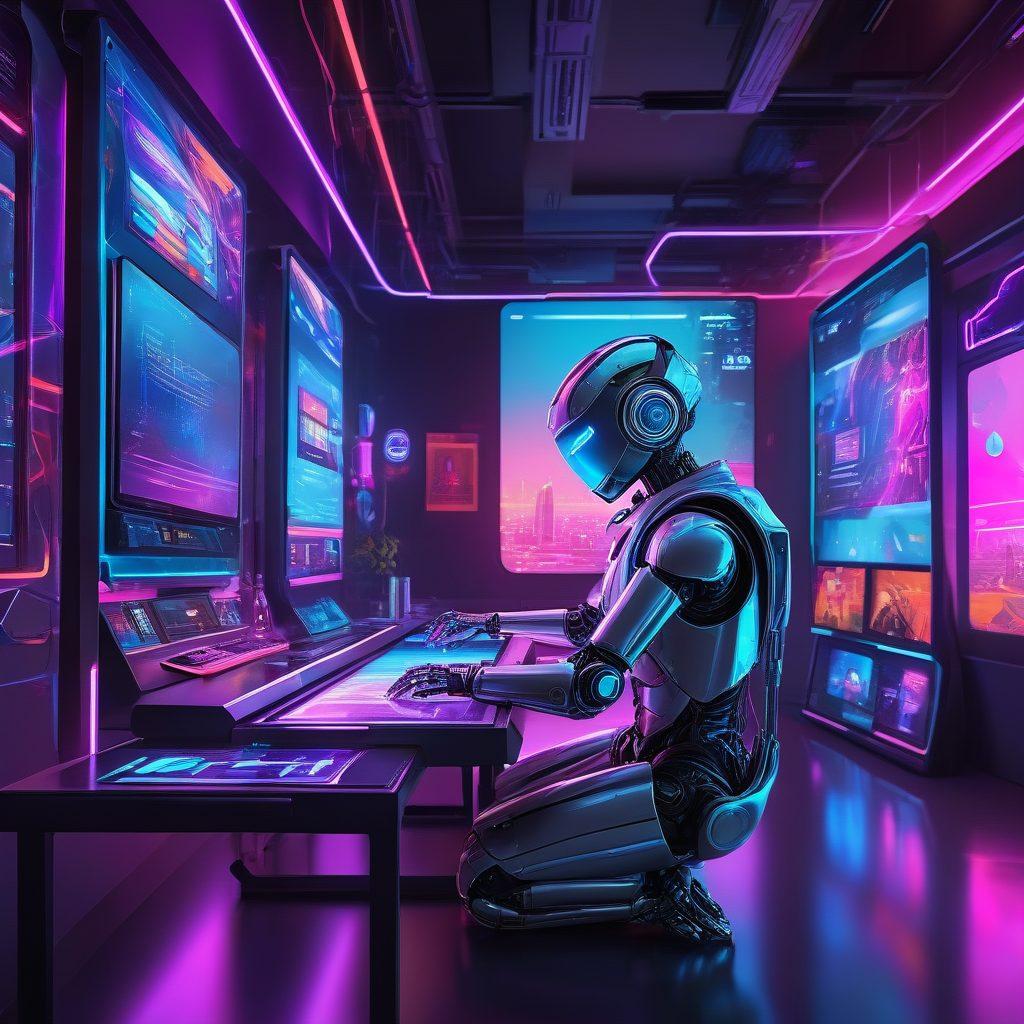 A futuristic digital workspace where a robot named 'Ruboy' expertly crafts stunning web designs on a floating holographic display. Ruboy should have a friendly and sleek appearance, with multiple screens showcasing modern, responsive website templates. The scene should be filled with vibrant neon colors and reflective surfaces, evoking an advanced tech atmosphere. painting. cyberpunk. vibrant colors.