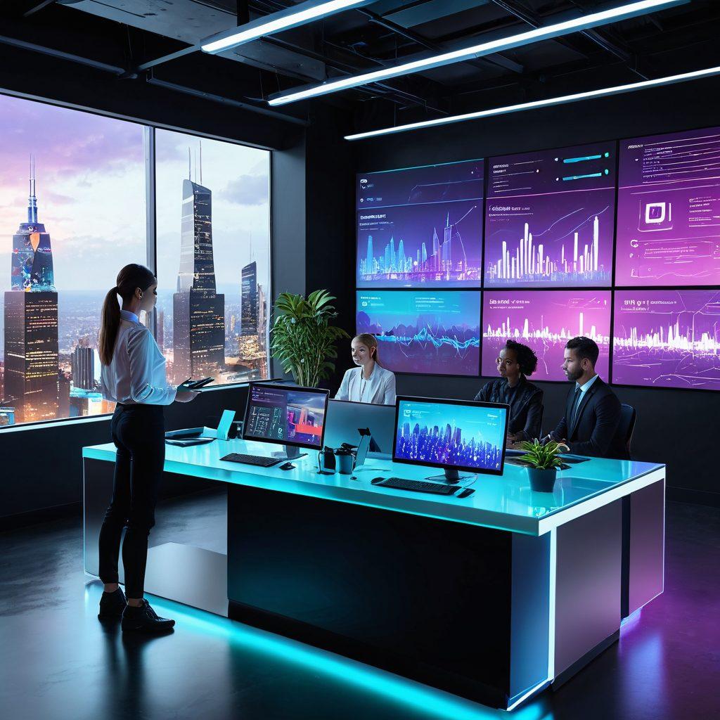 A futuristic digital workspace featuring a diverse team collaborating on web development, with vibrant holographic screens displaying sleek website designs and data analytics. A robotic assistant, 'Ruboy,' is central to the scene, providing assistance and insight. The background features a panoramic view of a bustling cityscape, symbolizing digital success. hyper-realistic. vibrant colors. 3D.
